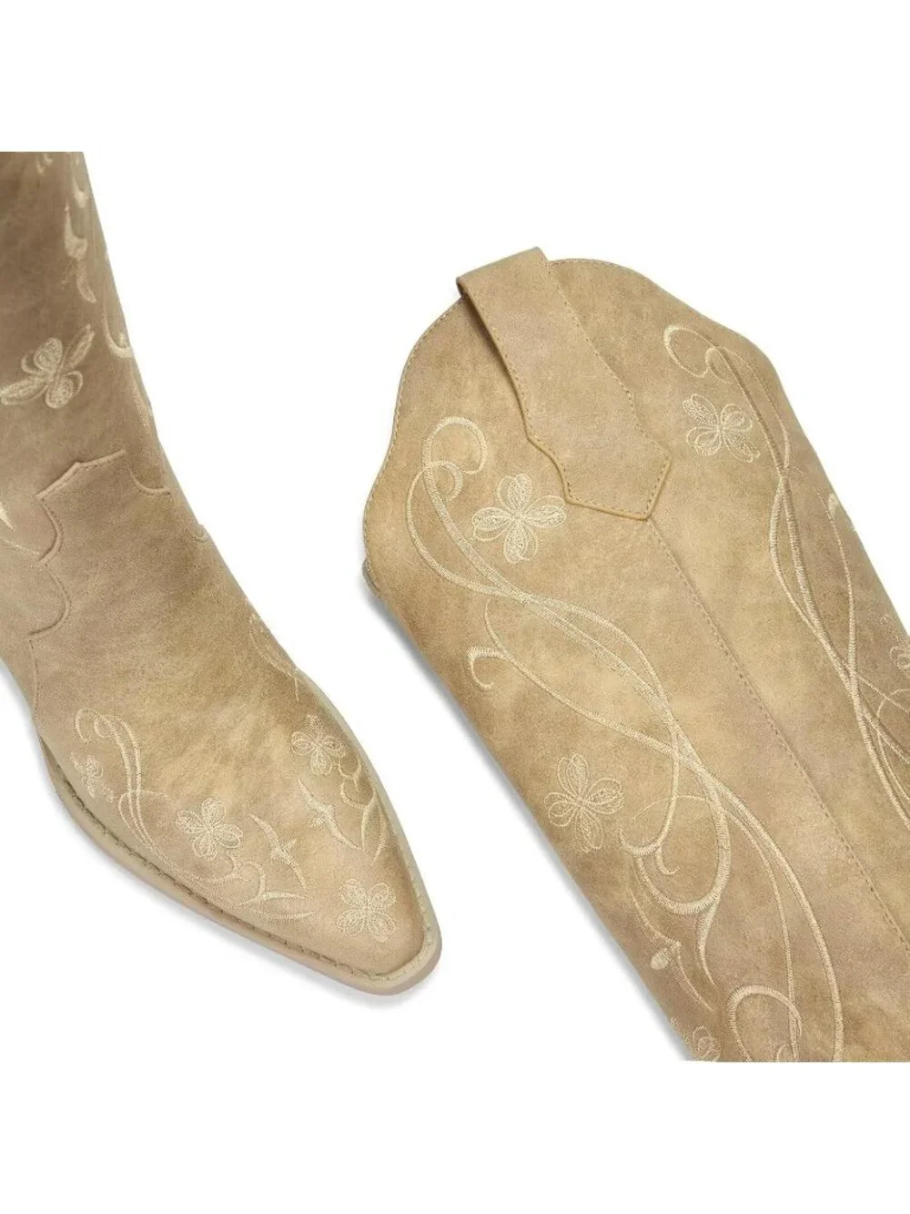 Women's Apricot Floral Knee High Cowgirl Boots Embroidered Pointed Chunky Heel